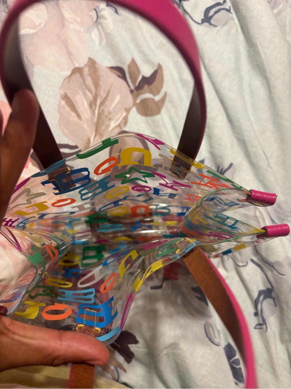 Clear Multicolor Letter Tote Bag with Pink Handles - Picture 2 of 2